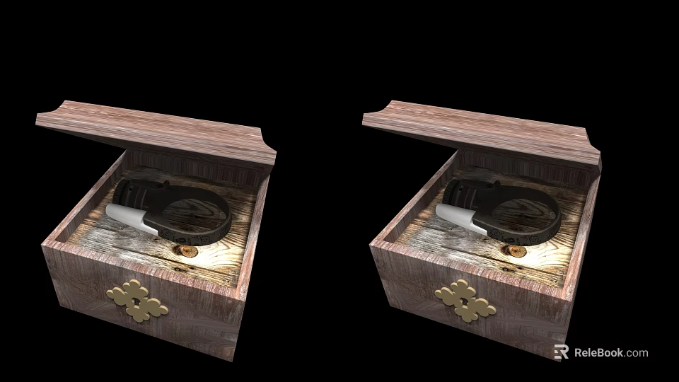 Medieval Weapon Storage Open Wooden Box With Wood Grain Carved Details Gold Clasps And Black White Components 3d model 
