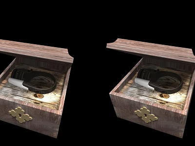 Medieval Weapon Storage Open Wooden Box With Wood Grain Carved Details Gold Clasps And Black White Components 3d model