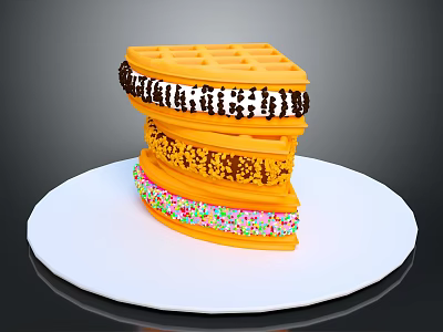 Stacked Waffle Ice Cream Dessert with Chocolate Drizzle Colorful Sprinkles on White Plate 3d model