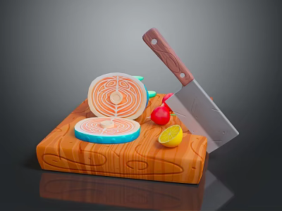 Sliced Salmon on Wooden Cutting Board with Cleaver Knife Small Tomato and Half Lemon 3d model