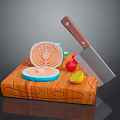 Sliced Salmon on Wooden Cutting Board with Cleaver Knife Small Tomato and Half Lemon
