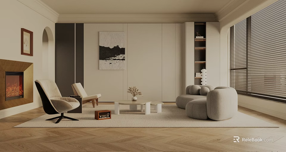 Modern Living Room Interior With Beige Sofa Armchairs White Coffee Table And Abstract Painting 3d model 