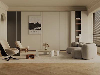 Modern Living Room Interior With Beige Sofa Armchairs White Coffee Table And Abstract Painting 3d model