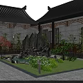 Traditional Ancient Chinese Architecture Courtyard with Carved Stone Screen Pine Trees and Tiled Roof