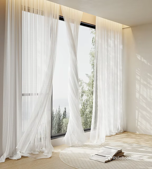 White Sheer Curtains in Modern Interior with Sunlight and Trees Outside View 3d model 