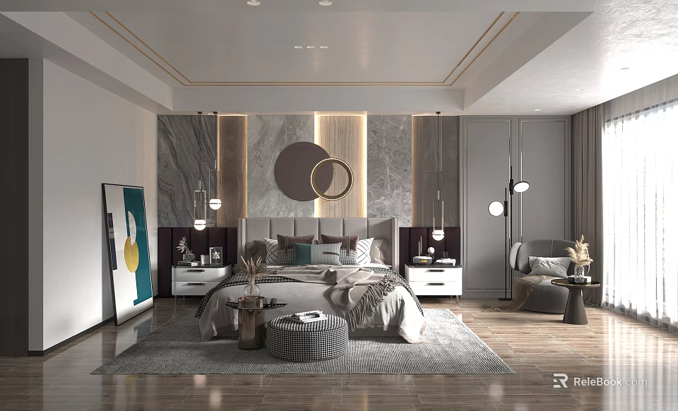 Modern Bedroom Interior With Marble Accent Wall Round Mirror Bedside Lamps Rug And Wooden Flooring 3d model 