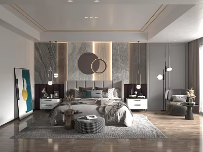 Modern Bedroom Interior With Marble Accent Wall Round Mirror Bedside Lamps Rug And Wooden Flooring 3d model