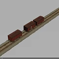 Three Red Train Carriages Moving Along Straight Railway Track with Gravel Around