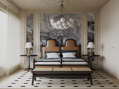 Luxurious Bedroom Interior With Tufted Headboard Sphere Chandelier Patterned Wallpaper And Geometric Rug 3d model