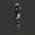 Futuristic SciFi Character In Blue Silver Armor With Red Details Standing Position