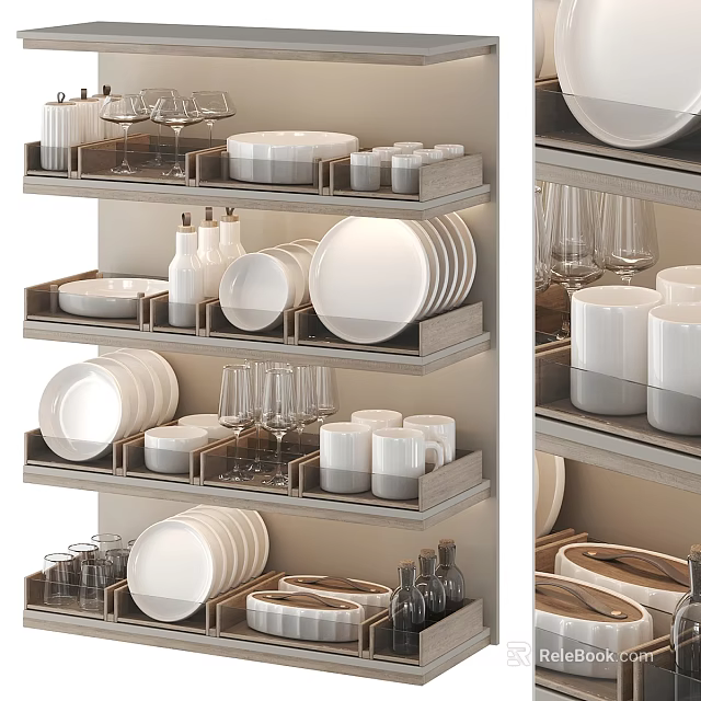 Well Organized Kitchen Dinnerware Set With Plates Bowls Cups And Glassware 3d model 
