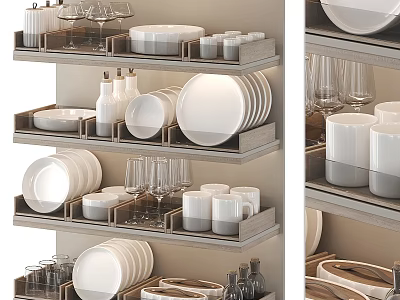 Well Organized Kitchen Dinnerware Set With Plates Bowls Cups And Glassware 3d model