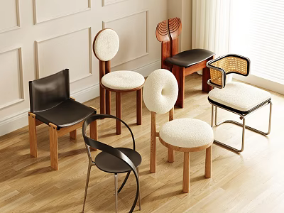 Stylish Modern Dining Chairs With Various Designs Wooden Legs And Cozy Seats On Wooden Floor 3d model