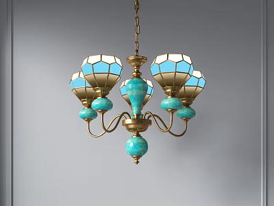 Vintage Stained Glass Chandelier With Blue White Shades And Gold Metal Frame 3d model