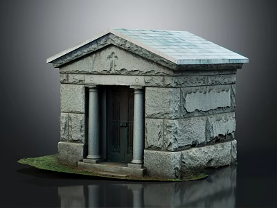 Weathered Stone Structure Featuring Carved Details Columns Wooden Door And Gray Roof 3d model