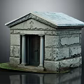 Weathered Stone Structure Featuring Carved Details Columns Wooden Door And Gray Roof