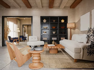 Living and Dining Room Interior With Cozy Sofa Wooden Coffee Table Decorative Bookshelf And Lamp 3d model