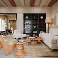 Living and Dining Room Interior With Cozy Sofa Wooden Coffee Table Decorative Bookshelf And Lamp