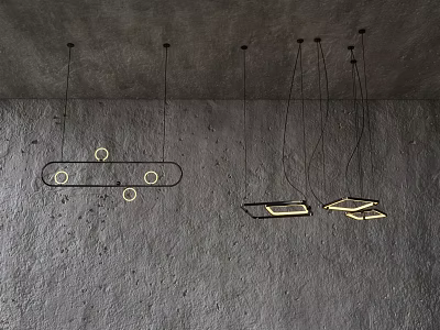 Modern Geometric Pendant Lights With Metal Frames And Warm Glow On Gray Ceiling 3d model