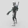 Futuristic Game Movie Character in Black Silver Armor with Blue Accents and Sword