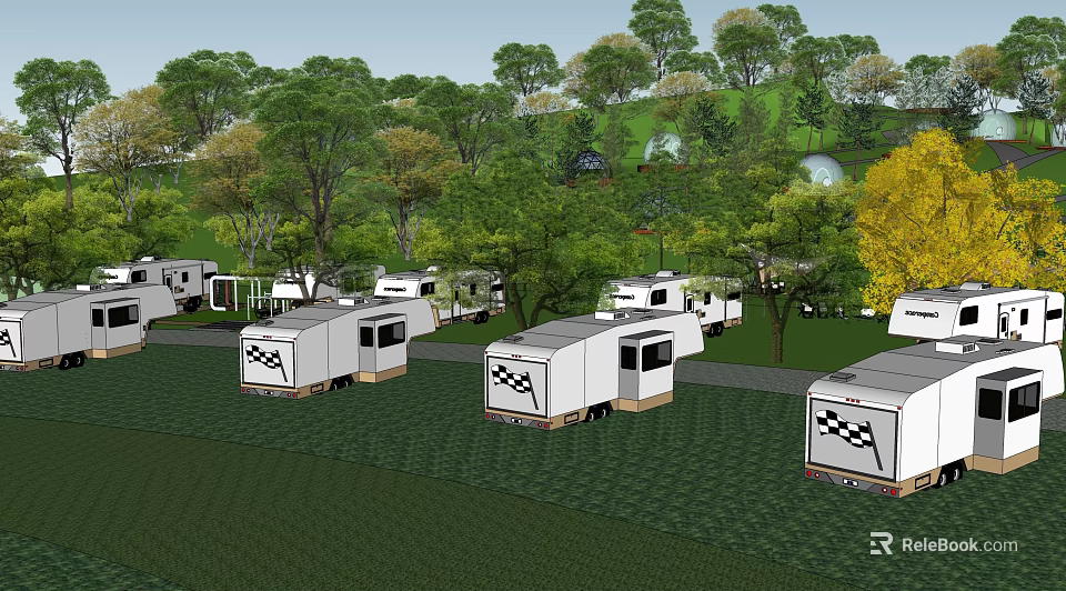 Scenic RV Campsite Featuring Multiple RVs Parked On Green Grass Surrounded By Trees 3d model 