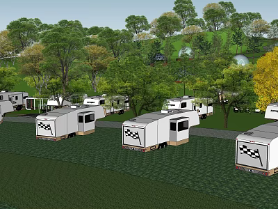 Scenic RV Campsite Featuring Multiple RVs Parked On Green Grass Surrounded By Trees 3d model