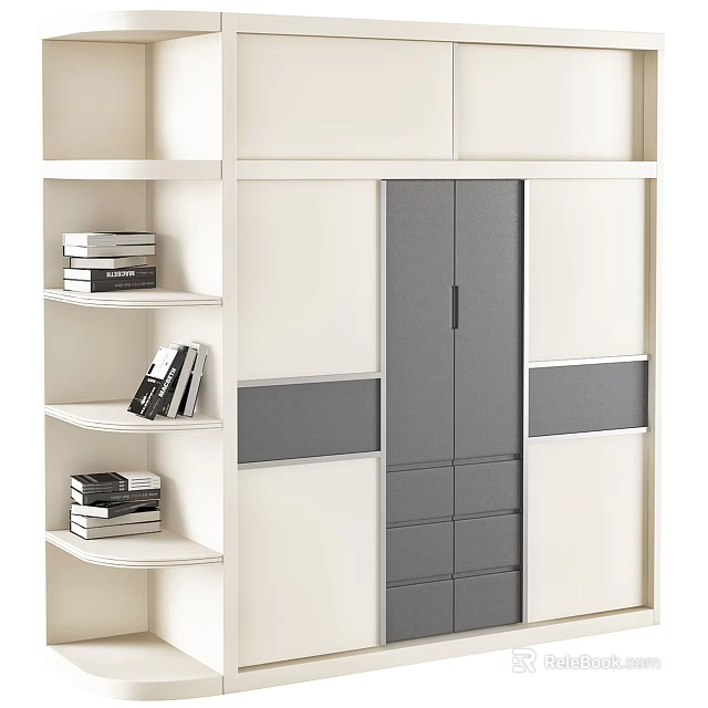Modern Wardrobe Design With White and Gray Panels Drawers and Open Shelves for Home Storage 3d model 