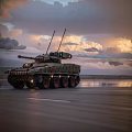 Military Tank With Gun Barrel Driving On Wet Open Ground At Sunset With Orange Clouds