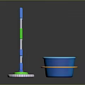 Blue Cleaning Bucket With Strainer And Flat Mop Featuring Green White Handle 3d model