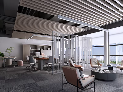 Modern Office Interior With Open Layout Vertical Slat Partition Workstations Large Windows And Lounge Chairs 3d model