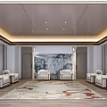 Modern Chinese Hotel Public Lounge Interior With Sofas Coffee Tables And Mountain Paintings