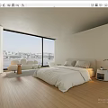 Modern Bedroom Interior With Large Windows City View Wooden Flooring White Bed And Seating Area