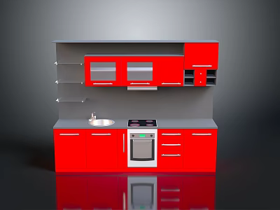 Red Kitchen Cabinet Set With Sink Stove Oven And Storage Shelves 3d model