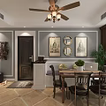 Modern Dining and Living Room Interior with Ceiling Fan Light Wall Art and Dining Table