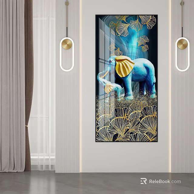 Blue Elephant And Baby Elephant With Golden Leaves Modern Wall Art Decor 3d model 