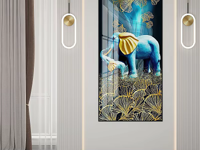 Blue Elephant And Baby Elephant With Golden Leaves Modern Wall Art Decor 3d model