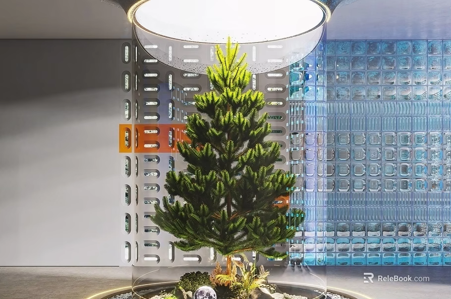 Decorative Christmas Tree In Glass Enclosure With Geometric Wall And Lighting 3d model 