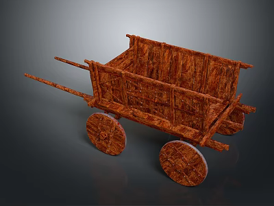 Vintage Wooden Cart With Rustic Texture Large Spoked Wheels And Square Structure 3d model