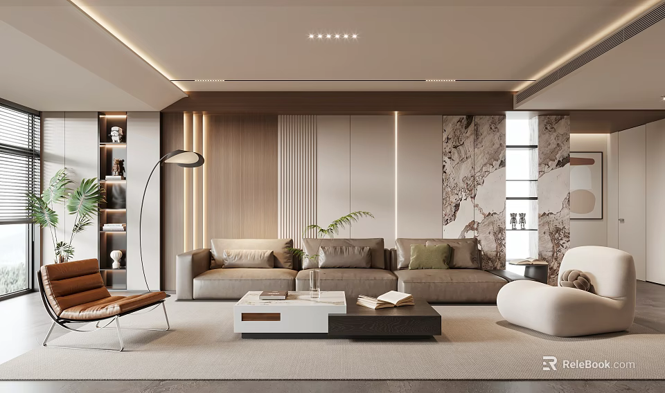 Modern Living Room Interior Featuring Gray Sofa Wooden Marble Wall Coffee Table And Floor Lamp 3d model 