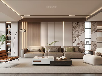 Modern Living Room Interior Featuring Gray Sofa Wooden Marble Wall Coffee Table And Floor Lamp 3d model