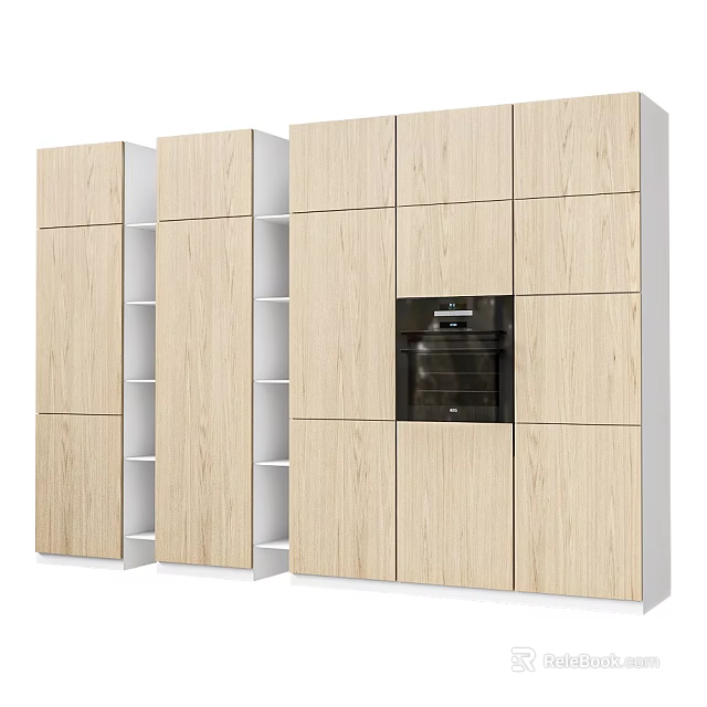 Modern Light Wood Kitchen Cabinets With Open Shelves And Built-in Appliances 3d model 