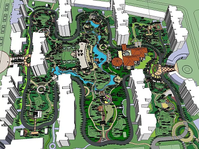 Integrated Residential Landscape Design With Green Areas Water Bodies And Walking Trails 3d model