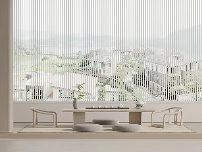 Modern Minimalist Interior With White Blinds Scenic View And Light Colored Furniture 3d model