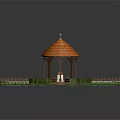Decorative Garden With Orange Roof Gazebo Green Lawn Pink Flowers Stone Path And Wooden Fence