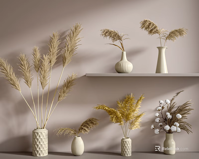 Textured White Vases With Dried Pampas Golden Grass And Cotton Branches On Light Brown Shelves 3d model 