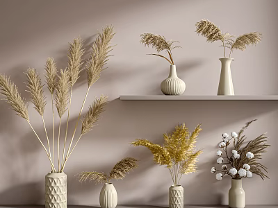 Textured White Vases With Dried Pampas Golden Grass And Cotton Branches On Light Brown Shelves 3d model