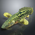 Prehistoric Aquatic Reptile 3D Model With Green Yellow Spotted Skin Flipper Limbs And Serrated Dorsal Fin