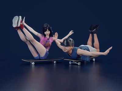 Two People Doing Skateboarding In Dynamic Poses On Dark Background 3d model