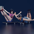 Two People Doing Skateboarding In Dynamic Poses On Dark Background 3d model