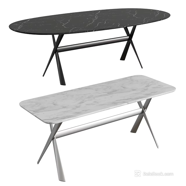 Modern Dining Tables With Black And White Marble Top And Metal Legs 3d model 
